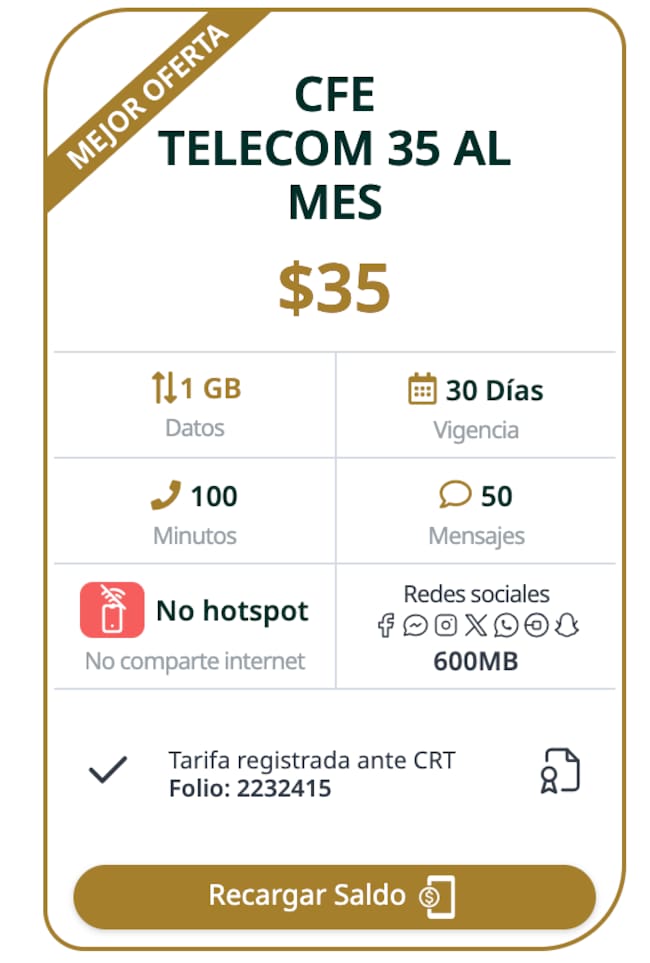 Paquete de CFE Internet Móvil de 35 pesos con 1 GB de datos, 30 días de vigencia, 100 minutos para llamadas y 50 mensajes SMS.