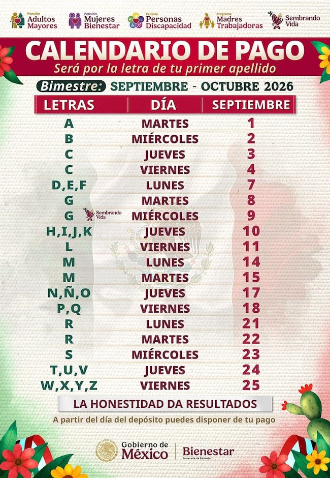 Calendario oficial de pagos de la Pensión para Adultos Mayores correspondiente al bimestre septiembre-octubre 2026, organizado por la letra inicial del primer apellido de los beneficiarios.