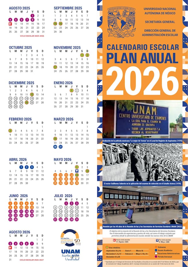 Calendario escolar anual 2026 de la UNAM con los días inhábiles y periodos académicos