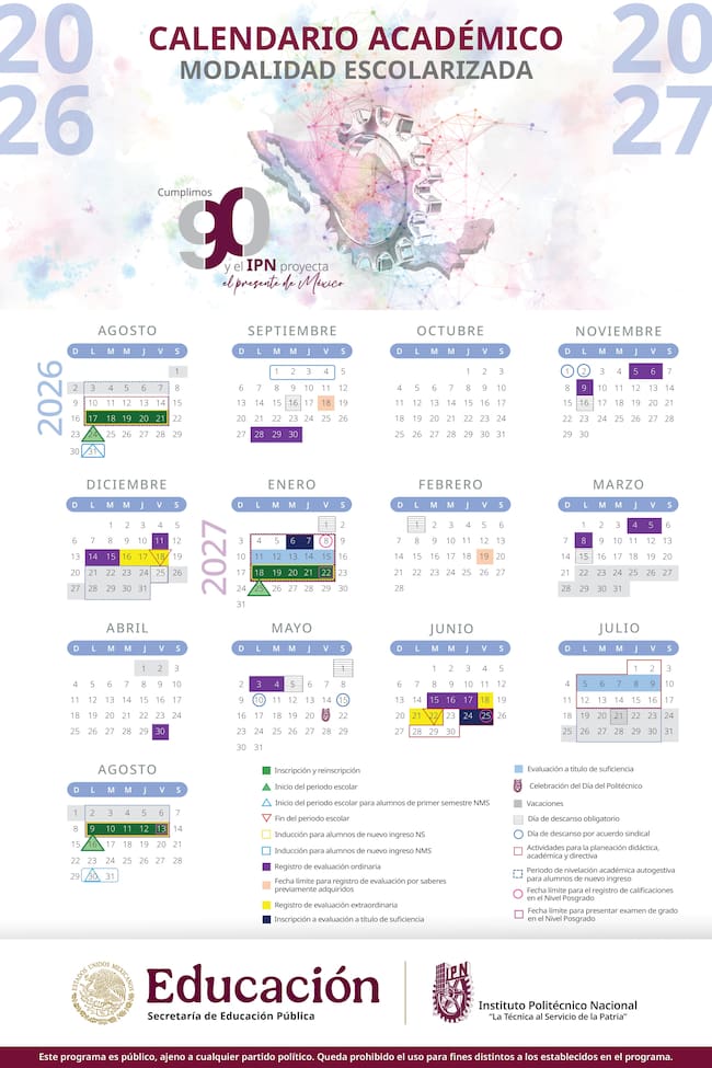 Calendario académico 2026-2027 del IPN para modalidad escolarizada con fechas de clases y descansos