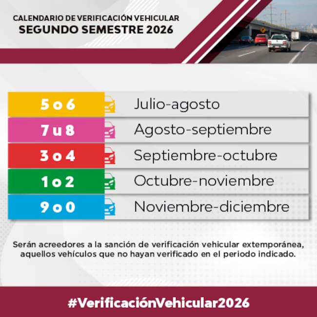 Calendario de verificación vehicular Edomex 2026 segundo semestre con fechas por terminación de placas y meses de julio a diciembre