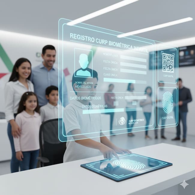 Representación de un chip de identificación con elementos de la bandera de México para la CURP Biométrica 2026.