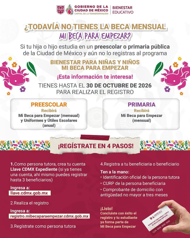 Convocatoria de Mi Beca para Empezar 2026 con pasos de registro para estudiantes de preescolar y primaria