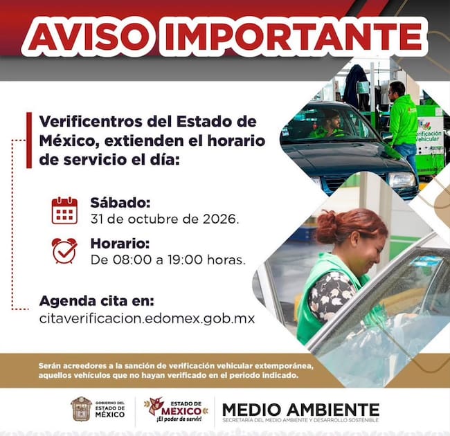 Verificentros del Estado de México ampliarán horario de atención el 31 de octubre de 2026 para conductores con cita de verificación vehicular.