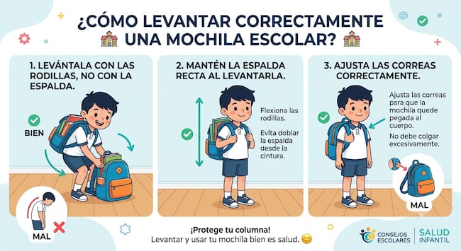 Niño levanta correctamente una mochila escolar siguiendo recomendaciones para evitar lesiones y problemas de salud durante el regreso a clases SEP 2026.