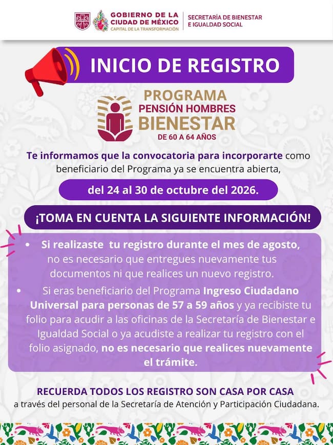 Aviso oficial de la Pensión Hombres Bienestar 2026 que informa que algunas personas no necesitan volver a realizar el registro ni entregar nuevamente documentos.