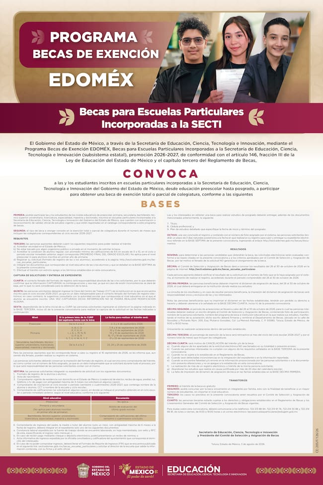 Convocatoria de la Beca de Exención Edomex 2026 para estudiantes de escuelas particulares incorporadas a la SECTI.