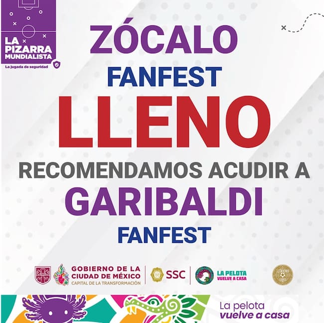 En tiempo récord, el Fan Fest del Zócalo reportó lleno total, por lo cual la recomendación fue asistir al de Plaza Garibaldi.