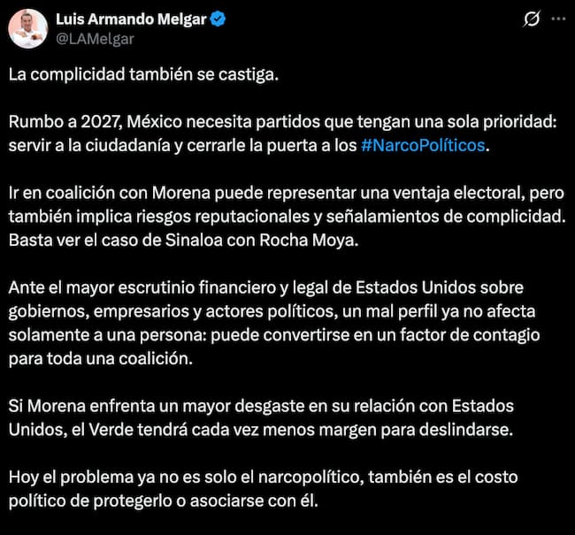 Captura de tuit de Luis Armando Melgar donde advierte riesgos de ir en alianza con Morena rumbo a 2027