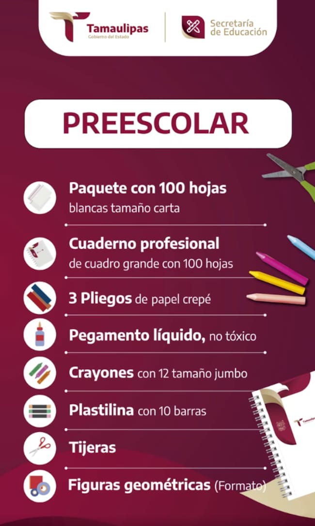 Lista de útiles escolares para estudiantes de preescolar que recibirán un paquete gratuito durante el ciclo escolar 2026-2027.