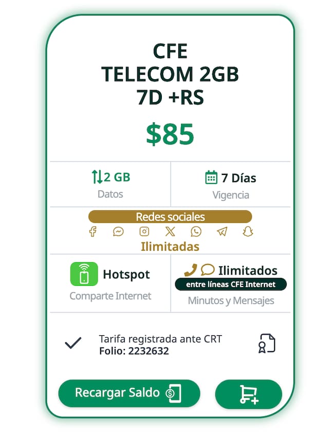 Paquete de internet móvil de CFE por 85 pesos con 2 GB, vigencia de 7 días y redes sociales ilimitadas.