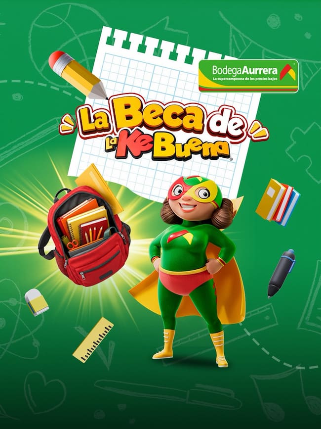 Imagen de la campaña La Beca de La KeBuena y Bodega Aurrera que muestra una mochila con útiles escolares, cuadernos y la mascota promocional del concurso. La dinámica está dirigida a estudiantes de primaria y secundaria con promedio de entre 8 y 10.