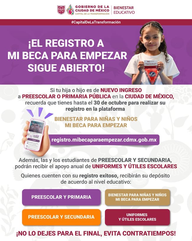 Aviso oficial de Mi Beca para Empezar que informa sobre el registro para estudiantes de nuevo ingreso a preescolar y primaria pública de la Ciudad de México.