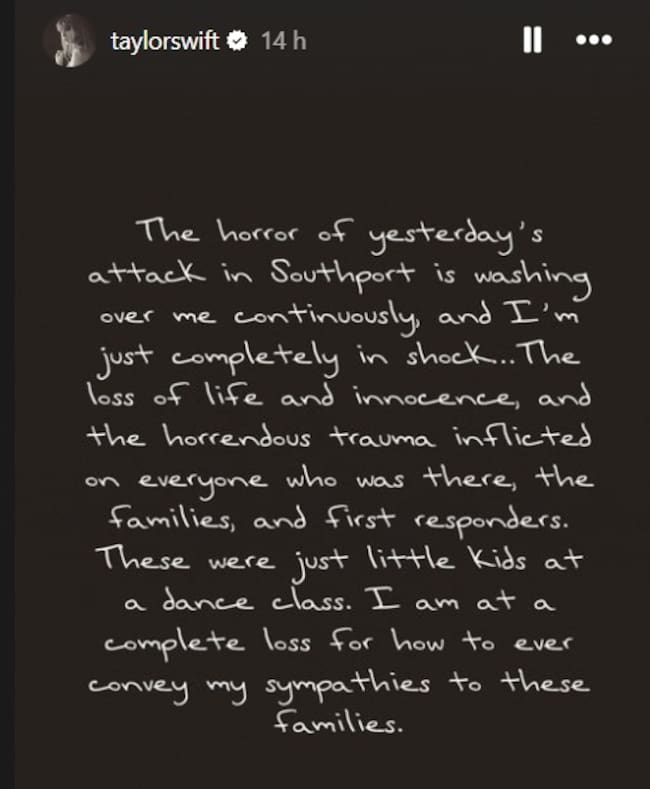 Taylor Swift publica un mensaje en redes sociales por la muerte de tres niñas apuñaladas en Reino Unido.