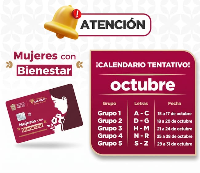 Calendario tentativo de Mujeres con Bienestar que muestra las posibles fechas de pago por letra del primer apellido durante octubre de 2026.