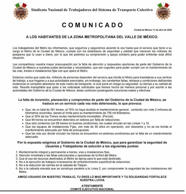 Los trabajadores manifestaron en su comunicado que no dejarán de alzar la voz en demanda de que sus peticiones sean escuchadas.