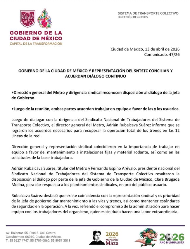 Mantenimiento a trenes, vías y seguimiento a estándares de seguridad en las 12 líneas del STCMetro son prioritarios en este primer acuerdo.