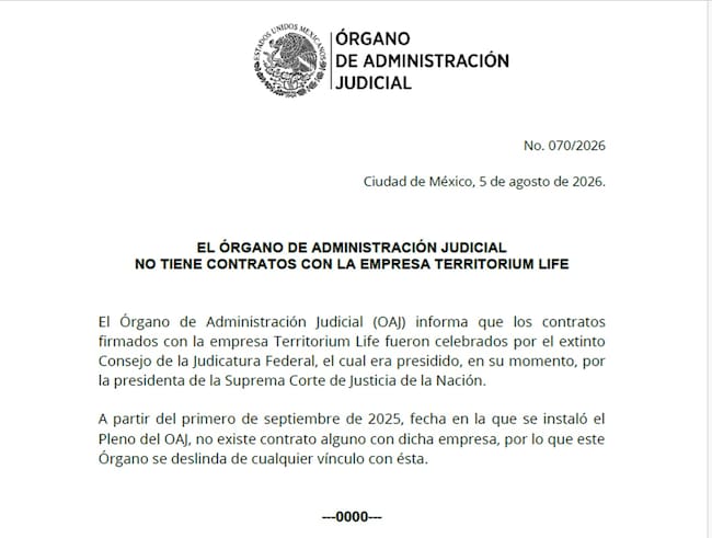 El OAJ precisó que los contratos suscritos con Territorium Life fueron celebrados por el extinto Consejo de la Judicatura Federal (CJF),