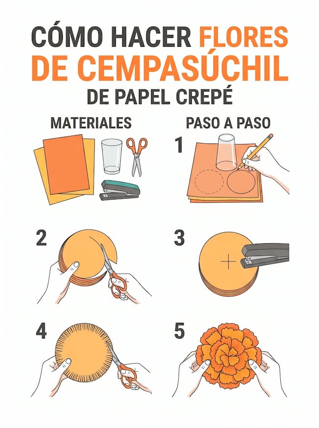 Guía paso a paso para hacer flores de cempasúchil de papel crepé con tijeras, grapadora y papel de colores para decorar una ofrenda de Día de Muertos.
