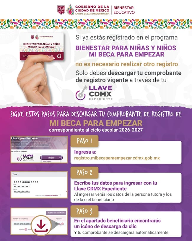 Guía oficial de Mi Beca para Empezar 2026 con los pasos para descargar el comprobante de registro vigente mediante Llave CDMX Expediente.