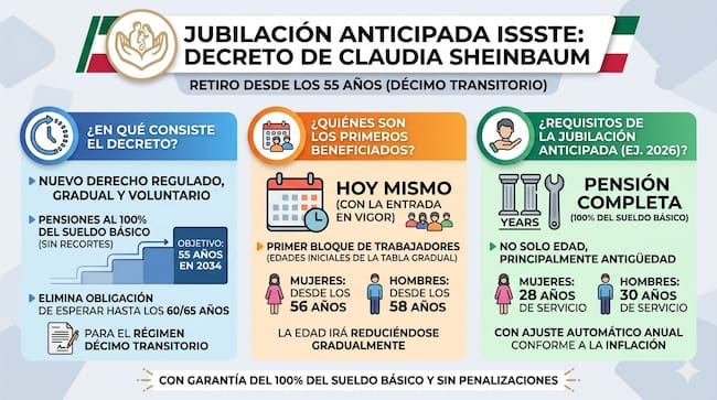 Infografía sobre el decreto de jubilación anticipada del ISSSTE de Claudia Sheinbaum que detalla los requisitos de edad, el Régimen del Décimo Transitorio y los años de servicio para mujeres y hombres en 2026.