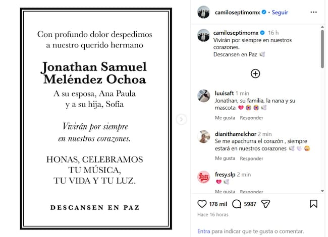 A través de sus redes la banda Camilo Séptimo dio la despedida a su tecladista y el pésame a su familia y seguidores.