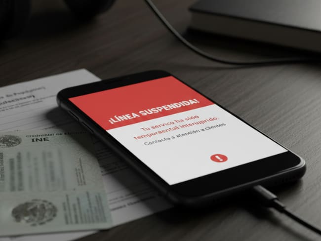 Teléfono móvil en una mesa con la pantalla iluminada mostrando el mensaje "Línea Suspendida". Junto a él, se encuentran una CURP y una credencial INE, destacando la necesidad de documentos para reactivar el servicio.