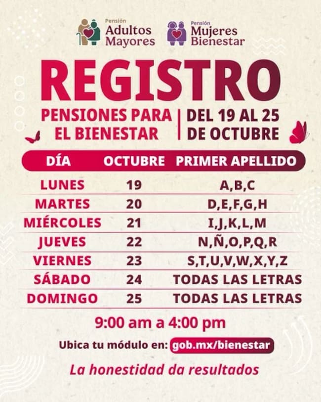 Calendario oficial del registro de la Pensión Mujeres Bienestar con fechas asignadas según la primera letra del apellido.