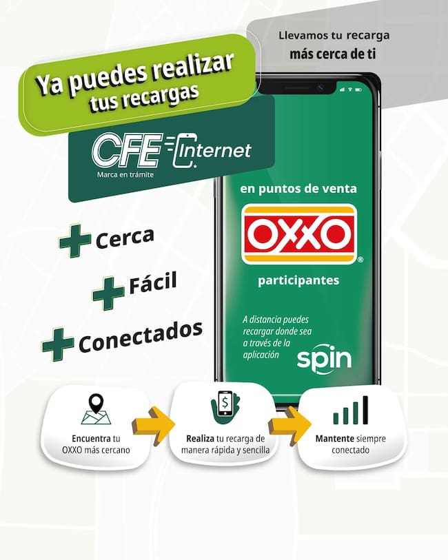 Anuncio de CFE Internet que informa sobre las nuevas recargas en tiendas OXXO participantes y mediante la aplicación Spin by OXXO.