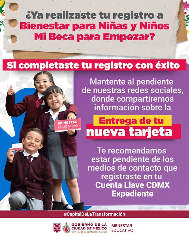 Estudiantes beneficiarios de Mi Beca para Empezar aparecen en un material informativo sobre la entrega de nuevas tarjetas y la actualización de datos mediante Llave CDMX.