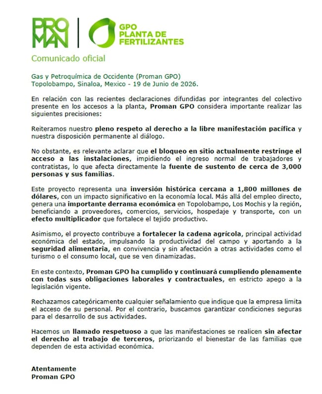 Proman GPO dio a conocer su postura sobre el bloqueo que realizan colectivos y algunos trabajadores de la planta en proyecto en Topolobampo, Sinaloa.