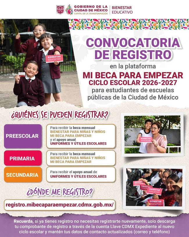 Convocatoria de registro de Mi Beca para Empezar 2026-2027 para estudiantes de escuelas públicas de Ciudad de México.