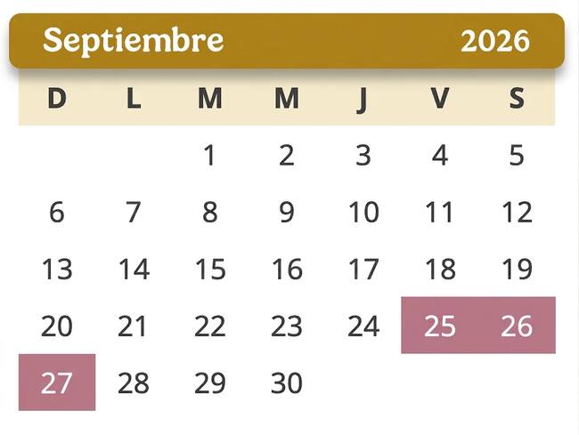 Calendario de septiembre de 2026 con los días 25, 26 y 27 resaltados, correspondientes al puente escolar de la SEP por Consejo Técnico Escolar.