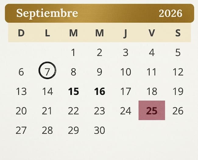 Calendario de septiembre de 2026 que muestra los días sin clases para estudiantes de la SEP: 16 de septiembre por la Independencia de México y 25 de septiembre por Consejo Técnico Escolar.