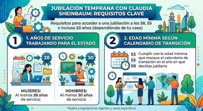 Infografía sobre los requisitos para acceder a una jubilación temprana en México, con años mínimos de servicio por género y edades de retiro según el calendario de transición.