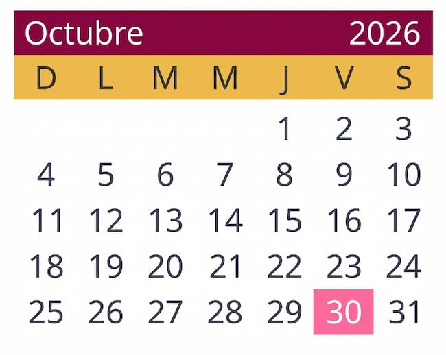 Calendario de octubre de 2026 que destaca el viernes 30 como día sin clases para alumnos de educación básica de la SEP.