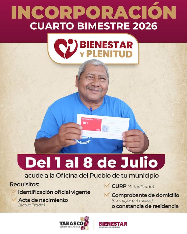 Cartel del programa Bienestar y Plenitud con fechas de registro del 1 al 8 de julio y requisitos para hombres de 63 y 64 años