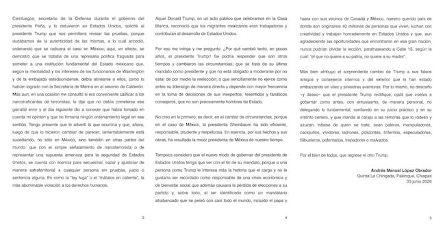 La carta con la que AMLO dice apoyar a la presidenta Sheinbaum.