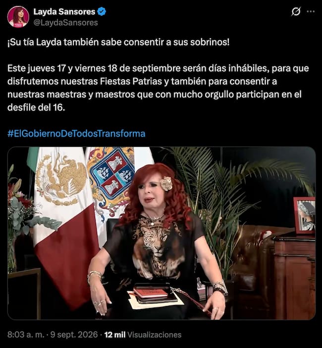 Publicación en redes sociales donde se anuncia que el 17 y 18 de septiembre serán días inhábiles por las Fiestas Patrias.