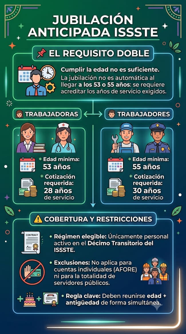 Infografía sobre la jubilación anticipada en el ISSSTE para trabajadores del Décimo Transitorio. Explica que las mujeres podrán jubilarse a los 53 años con 28 años de cotización y los hombres a los 55 años con 30 años de servicio