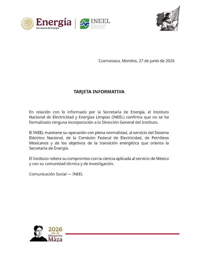 Tarjeta informativa emitida por el INEEL este 27 de junio de 2026, donde confirma que no se ha formalizado ninguna incorporación a la Dirección General del instituto.