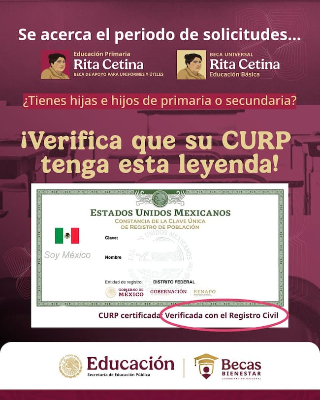 CURP certificada y verificada con el Registro Civil para el registro de la Beca Rita Cetina Primaria 2026.