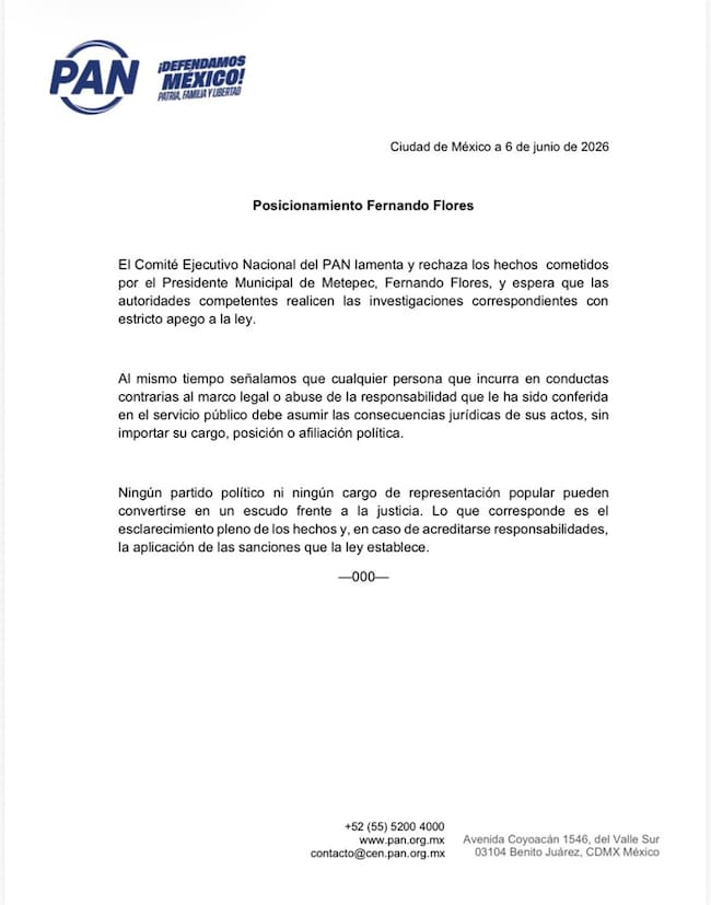 El Comité Ejecutivo Nacional del PAN se pronunció por faltas del presidente municipal de Metepec, Fernando Flores.