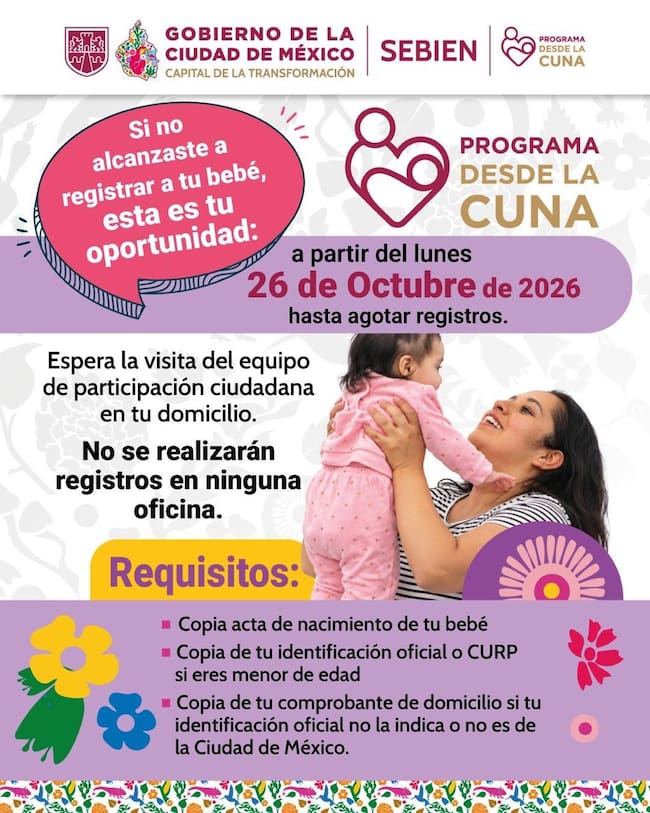 Cartel oficial de Desde la Cuna 2026 con fecha de nuevos registros, requisitos y proceso de incorporación para bebés de 0 a 3 años en la Ciudad de México.