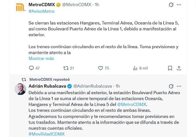 Desde redes sociales tanto el STC Metro como su director, dieron a conocer el cierre de tres estaciones aledañas al AICM.