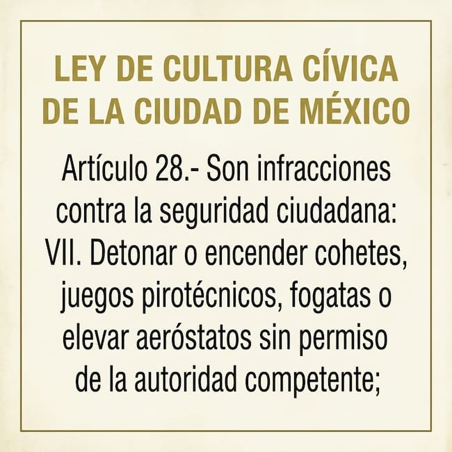 Fragmento del artículo 28 de la Ley de Cultura Cívica de la Ciudad de México que establece como infracción detonar o encender cohetes y juegos pirotécnicos sin autorización de la autoridad competente.