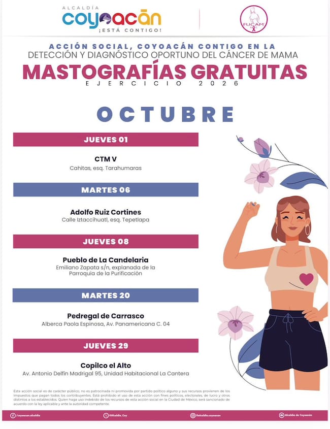 Calendario de mastografías gratis en Coyoacán durante octubre de 2026.