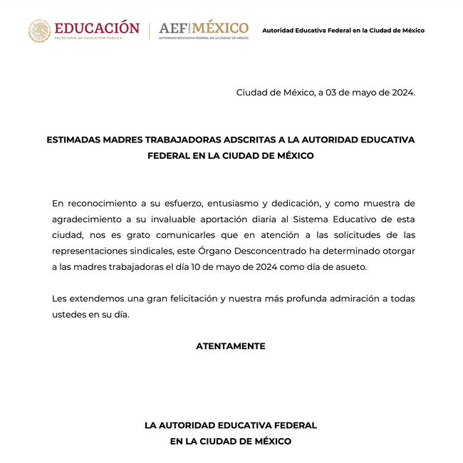 Captura del comunicado oficial de la AEFCM anunciando día de asueto para estudiantes el 10 de mayo