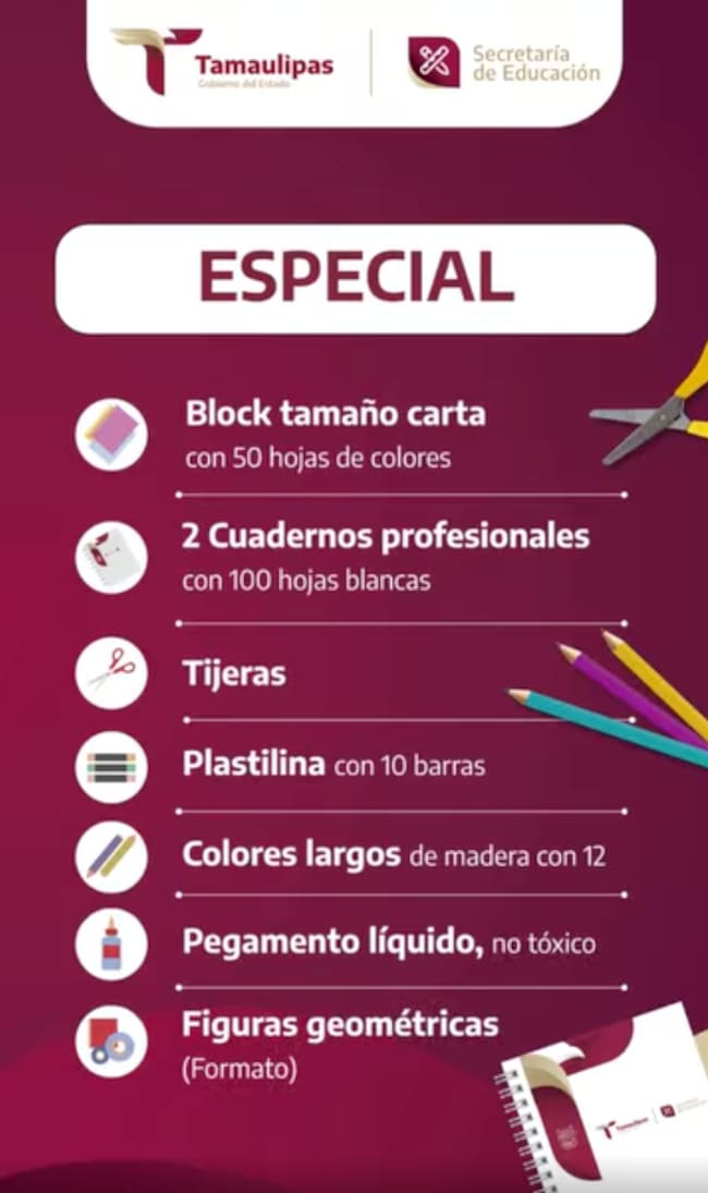 Materiales escolares que forman parte del paquete gratuito para estudiantes de educación especial durante el ciclo escolar 2026-2027.