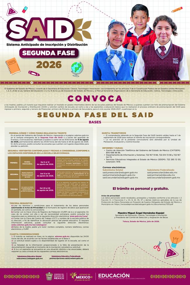 Convocatoria oficial de la segunda fase del SAID 2026 en el Estado de México para solicitar cambio de escuela con folio de asignación.